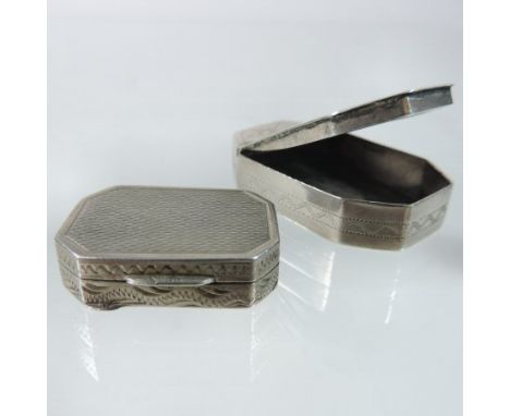 A George III silver patch box, of canted rectangular shape, with a hinged lid and bright cut decoration, by Sam Pemberton, Bi