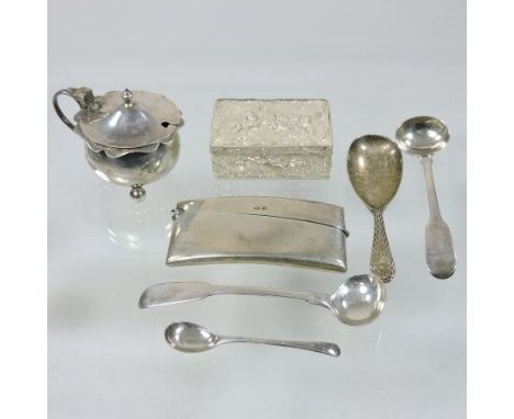 An early 20th century silver card case, of curved shape, Birmingham y, 8.5cm wide, together with a silver caddy spoon, a must