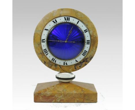 A 1930's marble cased mantle clock, by Gubelin, Switzerland, the signed circular dial, with blue enamel guilloche decoration 