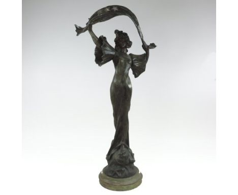 An early 20th century spelter figural lamp of Stella, after Anton Nelson, shown standing holding a scarf above her head, on a