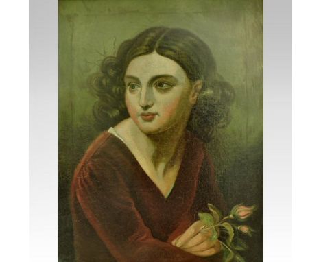 Continental school, 20th century, head and shoulders portrait of a lady in a red dress, holding flowers, oil on canvas, 50 x 