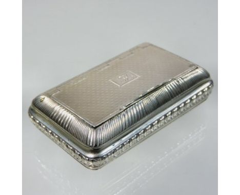 A George III silver snuff box, of rectangular shape with a hinged lid and engine turned decoration, bearing a monogram FH, by