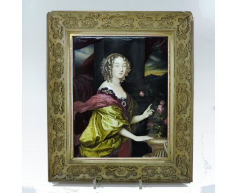 H. G. Evans, 19th century, a half-length portrait of Queen Henrietta Maria of France, wearing a maroon dress, before a vase o