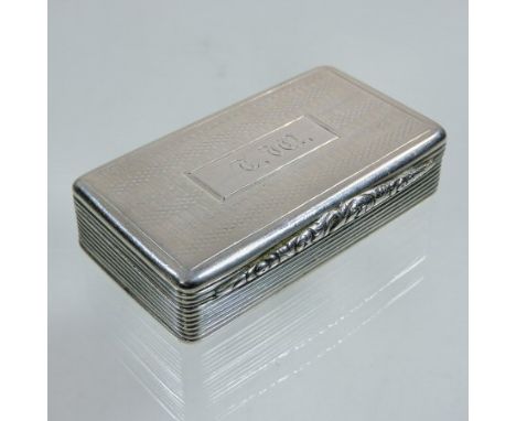 A George IV silver snuff box, of hinged rectangular shape, with engine turned decoration, bearing a monogram T W, makers mark