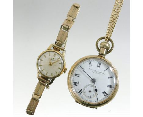 An early 20th century gold plated ladies open faced pocket watch, the white enamel dial with Roman hours and subsidiary secon