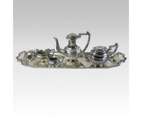 A modern silver miniature four piece tea service on tray, Birmingham 1968, tallest 4cm