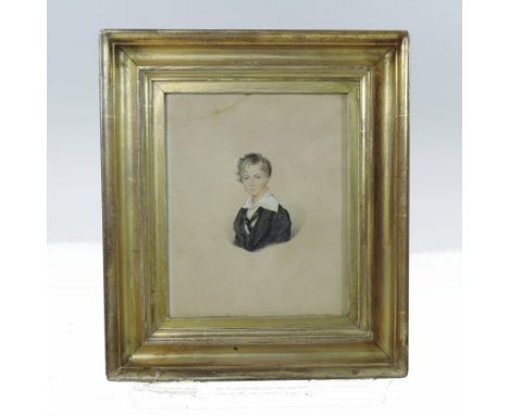English school, 19th century, a miniature portrait of a seated boy, watercolour, 20 x 16cm