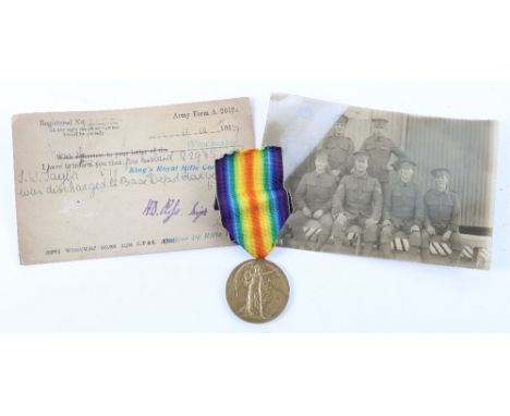 WW1 Allied Victory Medal Kings Royal Rifle Corps, awarded to “2985 PTE T W TAYLOR K.R.R.C”. Accompanied by Army Form A2019  s