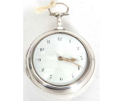 A Nicholas Scott of Maidstone silver pair case pocket watch, verge key wound movement with engraved cock, white enamel dial w