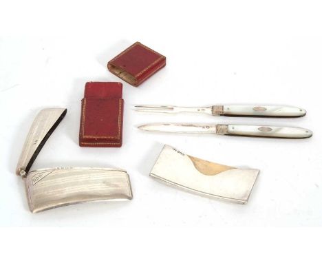 Mixed Lot: A Georgian leather cased silver folding campaign knife and fork with mother of pearl handles, the blades with lion