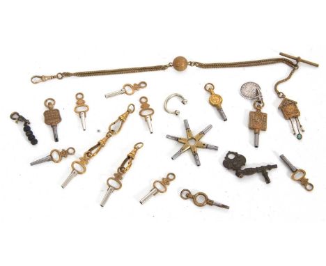 A mixed lot of various pocket watch keys to include J W Benson key and a H Samuel key suspending a 3 pence piece