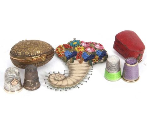 Mixed Lot: George V 1911 Coronation thimble, a purple guilloche enamel thimble and a green guilloche enameled example, a Vict