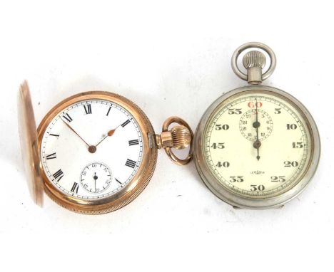 A Lemania stopwatch together with a Elgin Hunter pocket watch, both watches have crown wound movements, the Elgin features a 