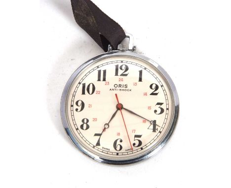 A vintage Oris Anti-shock pocket watch with a metal case, silvered colour dial and black Arabic numeral hour markers