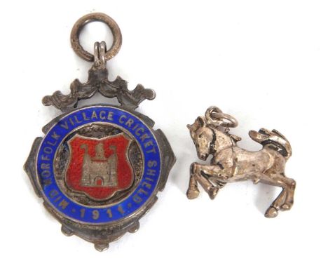 Mixed Lot: George V silver and enamel fob "Mid Norfolk Village Cricket Shield" dated 1911 and hallmarked for Birmingham 1911,