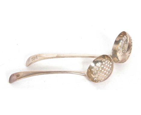 Two silver Old English pattern sifter ladles, a George III example, the bowl circular pierced design, the handle initialled, 