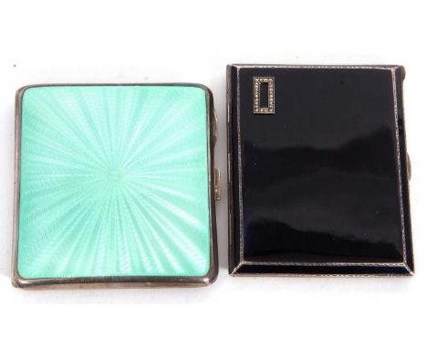 Two Art Deco silver and enamel cigarette cases, a green guilloche enamel sunray design to the front with engine turned decora