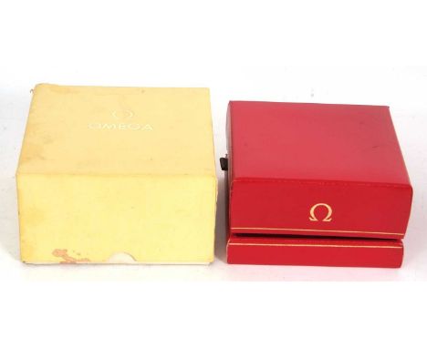 A vintage Omega red box with outer cardboard box, circa 1970