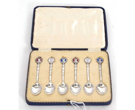 A cased set of six commemorative silver and enamel teaspoons, George VI and Queen Elizabeth II depicting portraits of the mon