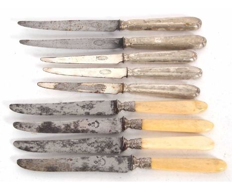 A group of five antique French table knives together with four vintage steel bladed and bone handle knives, the blades marked
