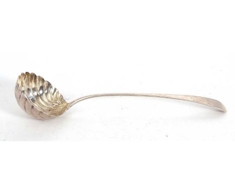 A George III silver shell bowl soup ladle, circa 1800 Old English pattern, initialled, makers marks rubbed, 29cm long, 156gms