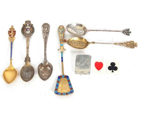 Four continental silver-gilt and enamel souvenir spoons marked sterling 800 & 925, an early 20th Century silver Trumps case h