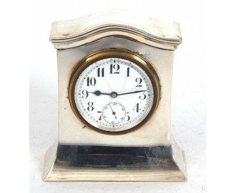 A George V silver mounted small desk "mantel clock" or bedside clock, having an enamel dial (a/f) with sweep second hand dial