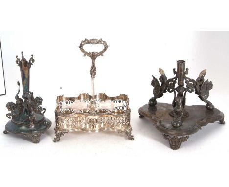 Mixed Lot: An antique Walker &amp; Hall silver plated epergne base, trefoil shaped having three winged dragosns with paws res