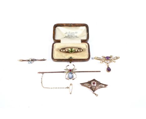 Five early 20th gold and gem set brooches including an insect bar brooch. This with a pale-blue oval synthetic-spinel thorax,