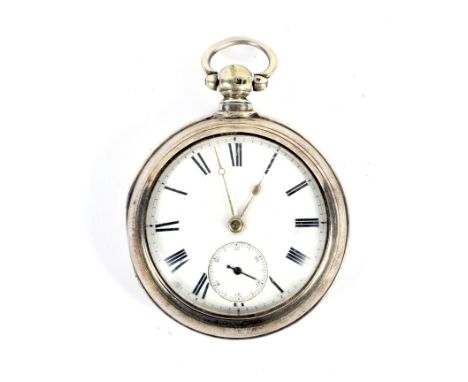 A 19th century silver pair case pocket watch. Unmarked fusee movement no 11873 with dust cover. White enamel dial with Roman 