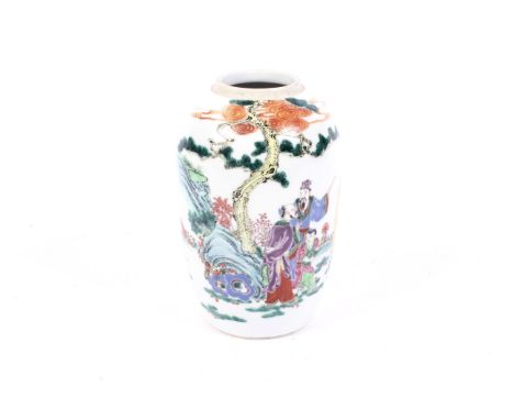 A Chinese tapering oviform Qing Dynasty vase. Painted with  figures and scholars before a boatman in rockwork landscape, with