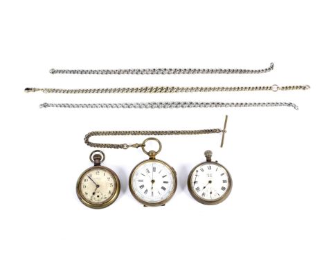 Three assorted vintage pocket watches and Albert chains. Including an Ingersoll Crown, a 'G.G.', etc.