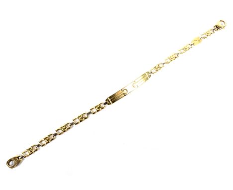 A vintage Italian bi-colour gold identity bracelet by Vanini. In the form of a central geometric panel flanked by open links,