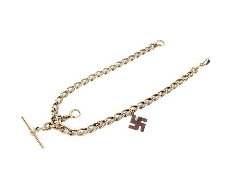 An early 20th century 18ct gold curb link 'Albert' or watch chain. Each link stamped with a crown and '18', with swivel and b