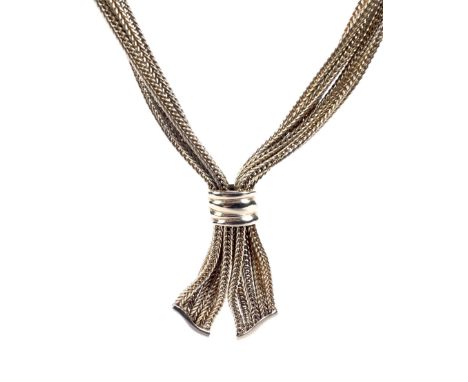 A vintage 9ct gold multi-strand necklace. The five interlaced strands forming a stylised bow at the front, on a push clasp wi