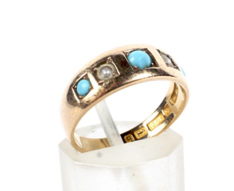 A late Victorian 15ct gold, half-pearl and turquoise five stone gypsy ring. The three graduated small turquoise cabochons spa