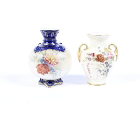 Two small Royal Worcester blush ivory ground vase, circa 1900. Printed puce marks, the first of globular form moulded with sc