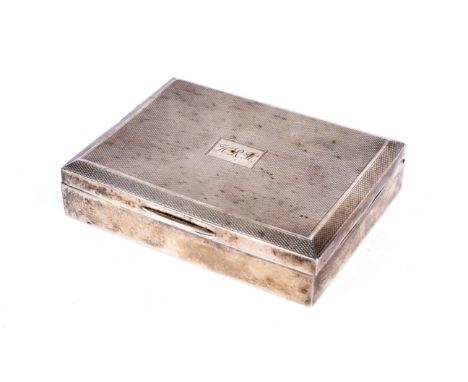 A silver engine turned rectangular cigarette box. Engraved with initials 'H.R.H', mark of Mappin &amp; Webb, Birmingham 1948,
