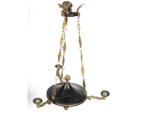 An early 20th century French Empire-style gilt-metal mounted three-light pendant ceiling light. With black painted waisted me