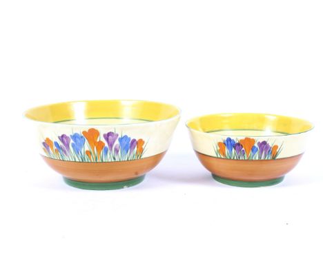 Two Clarice Cliff Crocus pattern bowls. Printed black Newport Pottery and Wilkinson Ltd Bizarre marks, each painted with colo