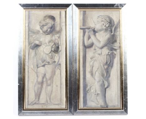 Two framed oil on panels of Victorian style musical putti. Each painted en grisailles with a figure of a putto playing a musi