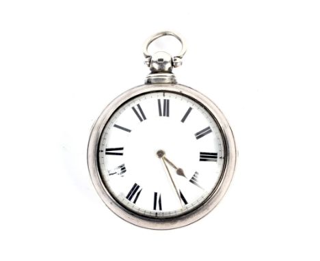 A 19th century silver pair case pocket watch. Hallmark Birmingham. Bull eye glass, white enamel dial, silver hands and Roman 