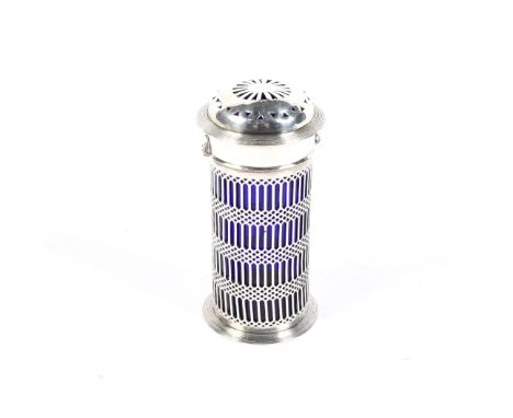 An Edwardian silver 'lighthouse' caster. With pierced sides and cover and reeded flared borders, with a blue glass liner, Che