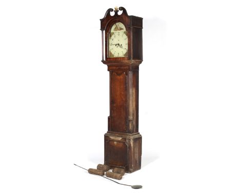 Early 19th century oak and mahogany crossbanded eight day long case clock. With open swan neck pediment and replacement finia