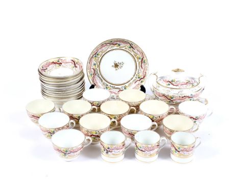 An early 19th century English porcelain part tea and coffee service. Painted and gilt with a band of iron-red oak leaves and 