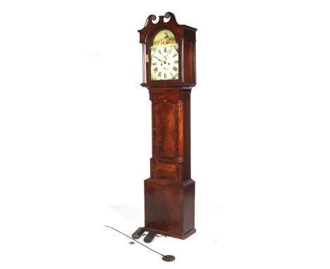 A 19tn century mahogany eight day  longcase clock. With open swan neck pediment above a painted arched dial depicting a sailo