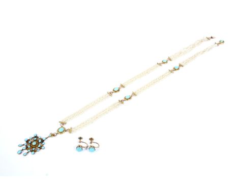 A Victorian gold, turquoise and seed pearl necklace and a pair of earrings. The first in the form of three two-strand interwo