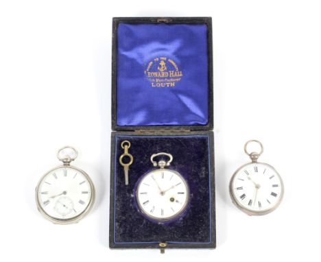 Three 19th century small silver cased pocket watches. Including 'William Gordon, London', 'Morris Jacob, Plymouth' and one in