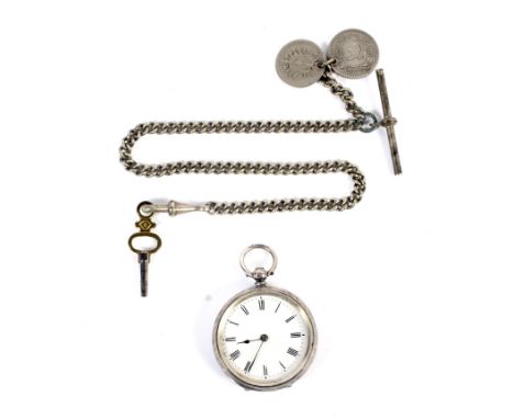 A late 19th century Swiss .935 standard silver cased open face fob watch with a bar cylinder movement; together with a base m