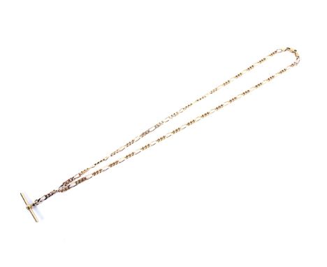 A vintage Italian 9ct gold fetter and three filed-curb link 'watch chain' or 'Albert' necklace. On a lobster-claw clasp and h